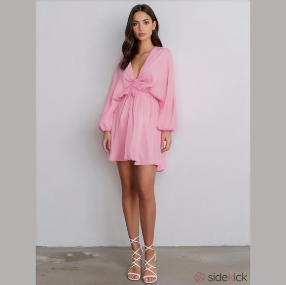 Zara Dresses & Skirts - NWT Zara Pink V-Neck Mini Dress with Long Sleeves And Ruched Waist